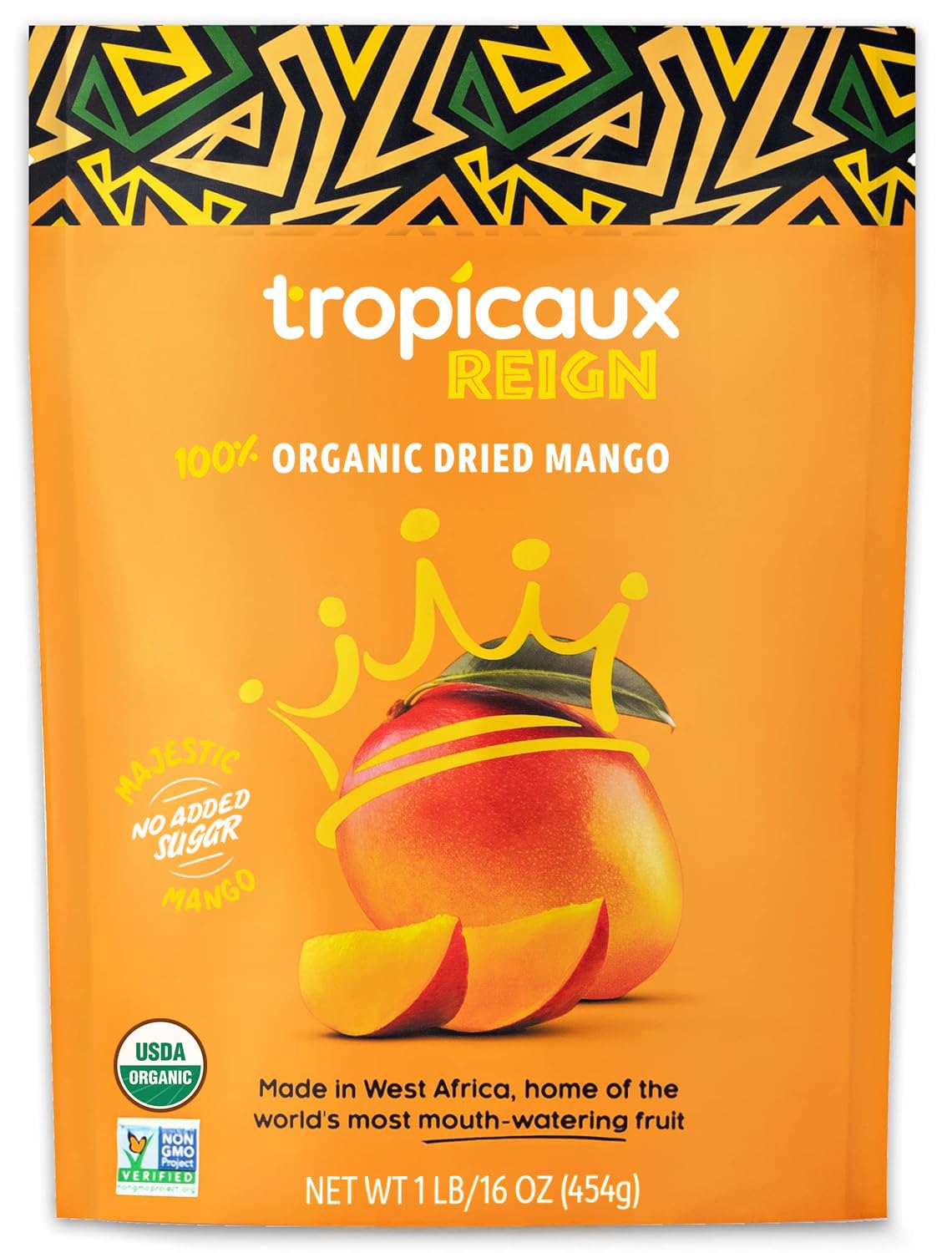Tropicaux Reign paquete frontal mostrando el producto y tamaño, atractivo para snack