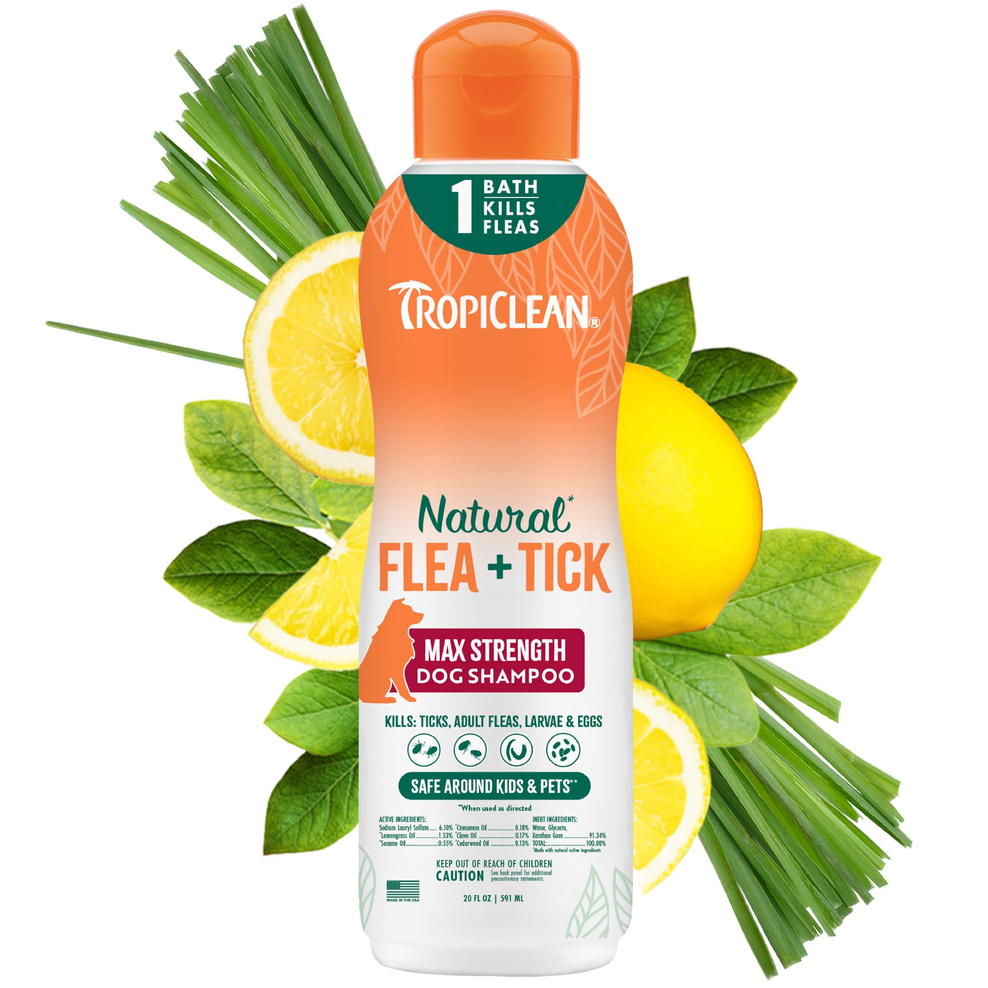 TropiClean botella frontal 20oz mostrando etiqueta y tamaño, beneficio información clara