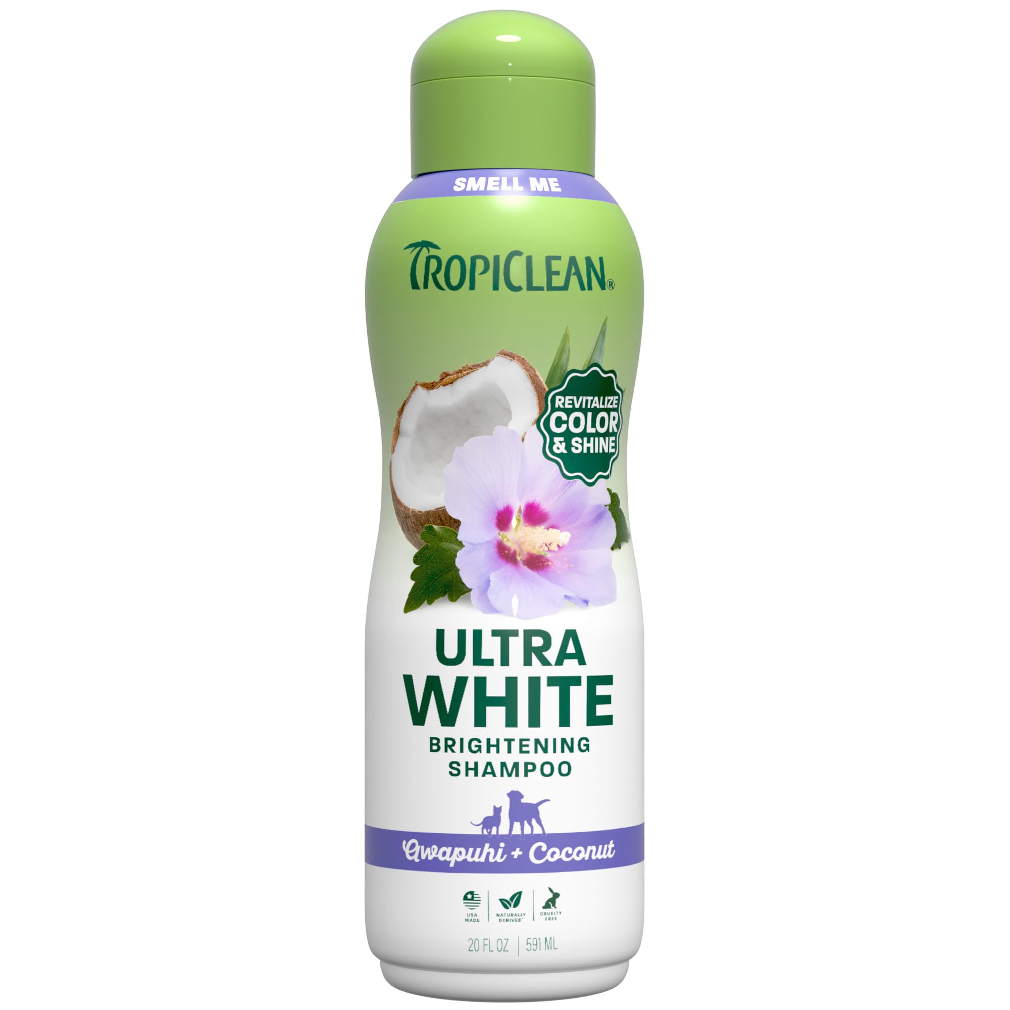 TropiClean botella frontal 20 oz mostrando la presentación y beneficio blanqueador