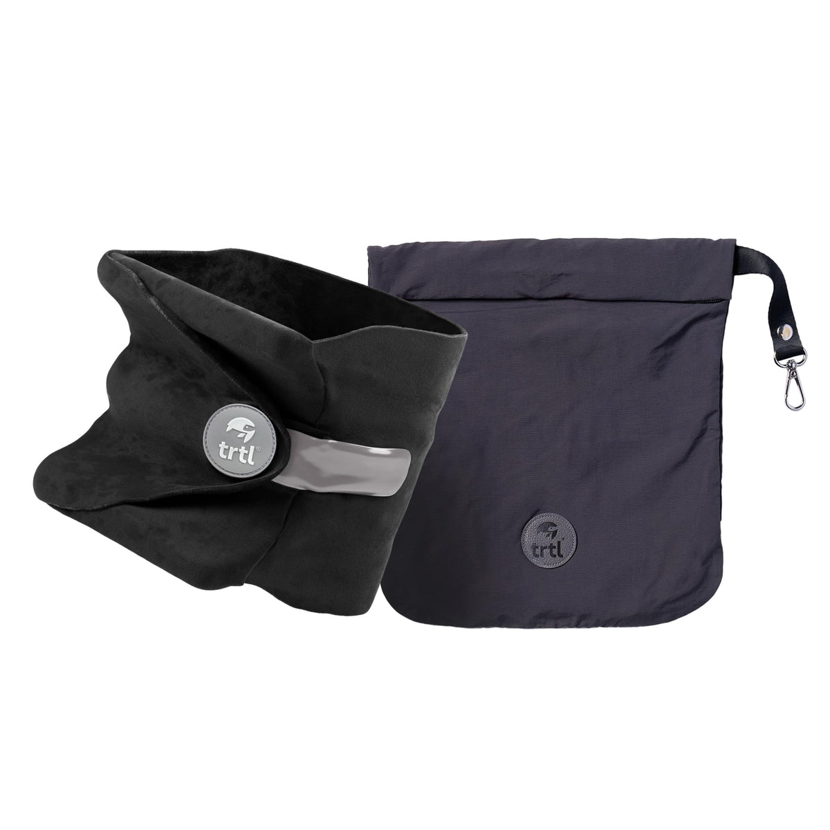 Trtl pillow front view showing black wrap and compact support for comfortable travel