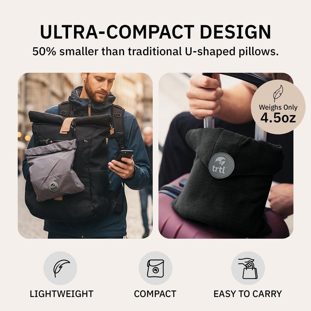 Trtl pillow used on an airplane seat demonstrating upright head support while napping