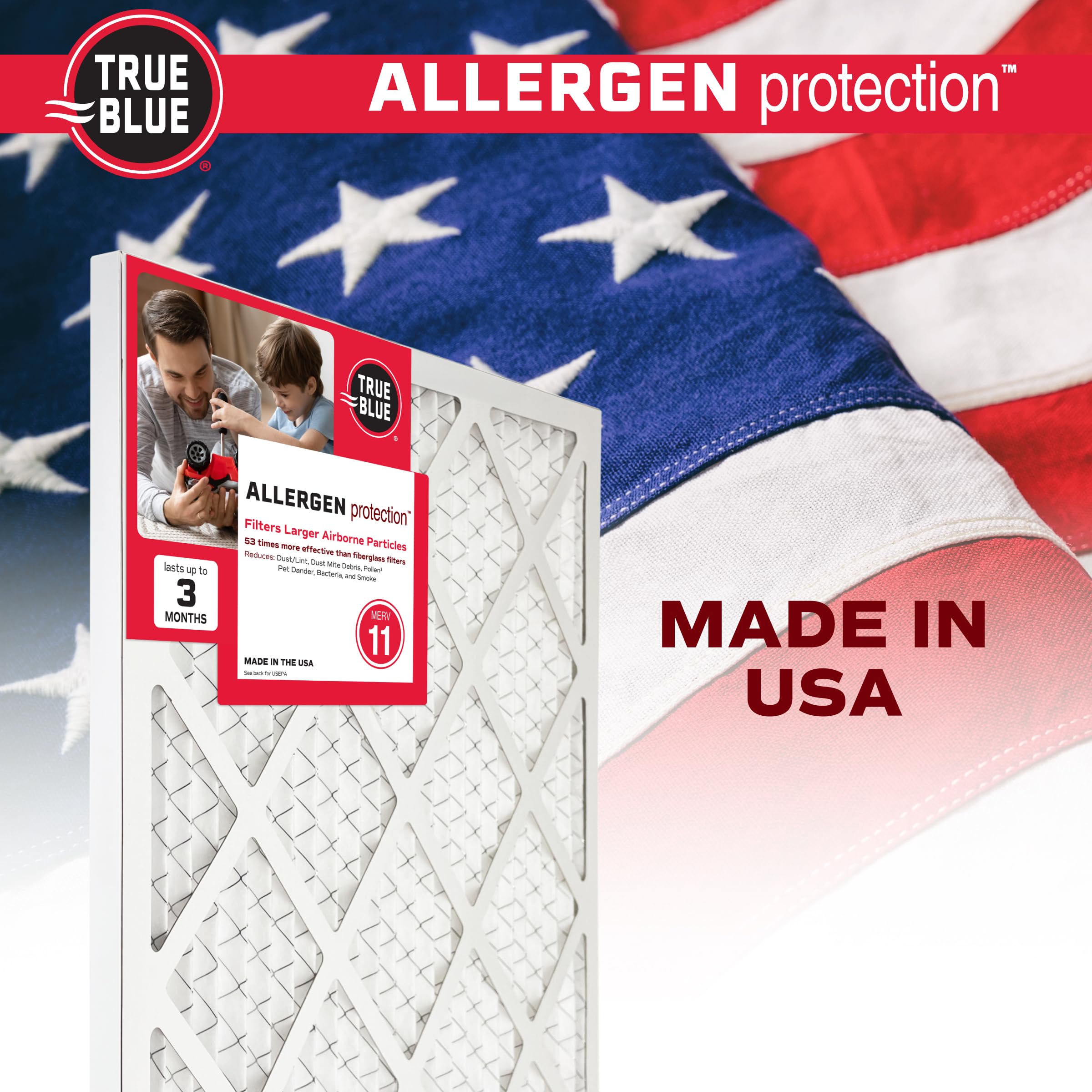 True Blue empaque con sello Made in USA, calidad y origen