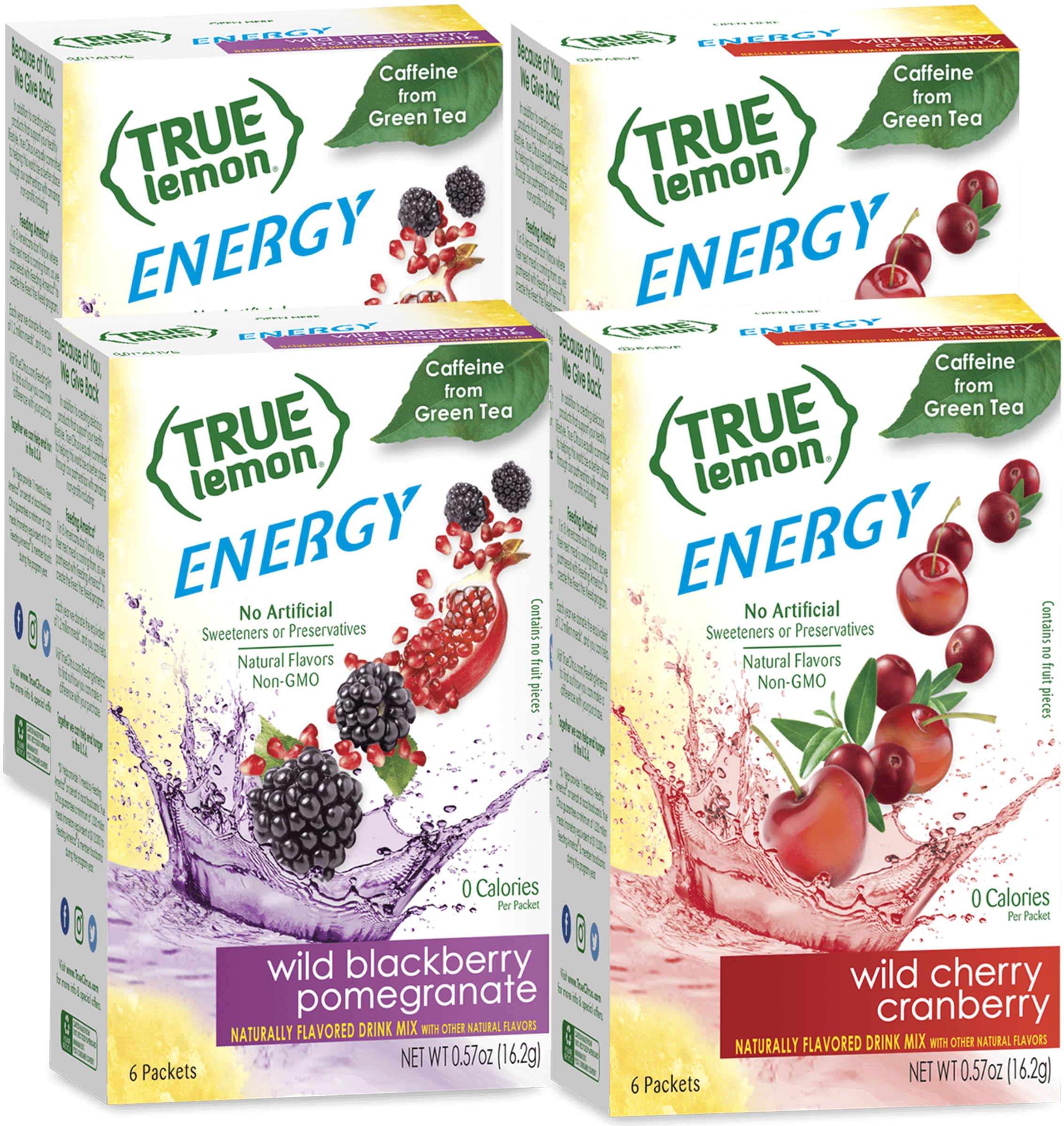 True Lemon pack frontal mostrando las cuatro cajas y variedad de sabores