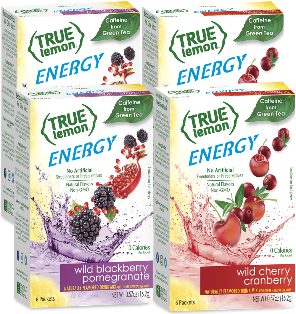 True Lemon pack frontal mostrando las cuatro cajas y variedad de sabores
