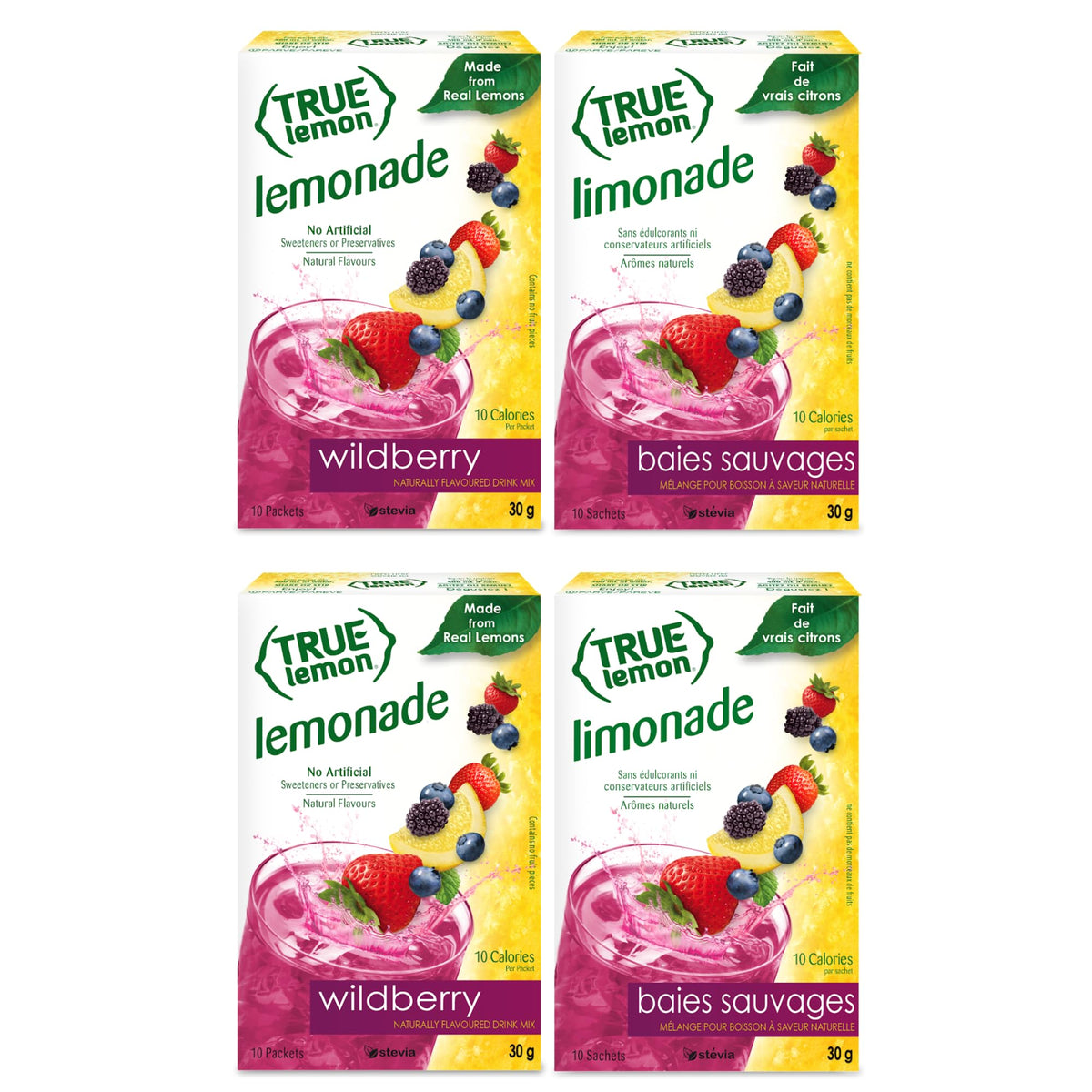 True Citrus caja frontal de True Lemon Wildberry Lemonade mostrando diseño y información