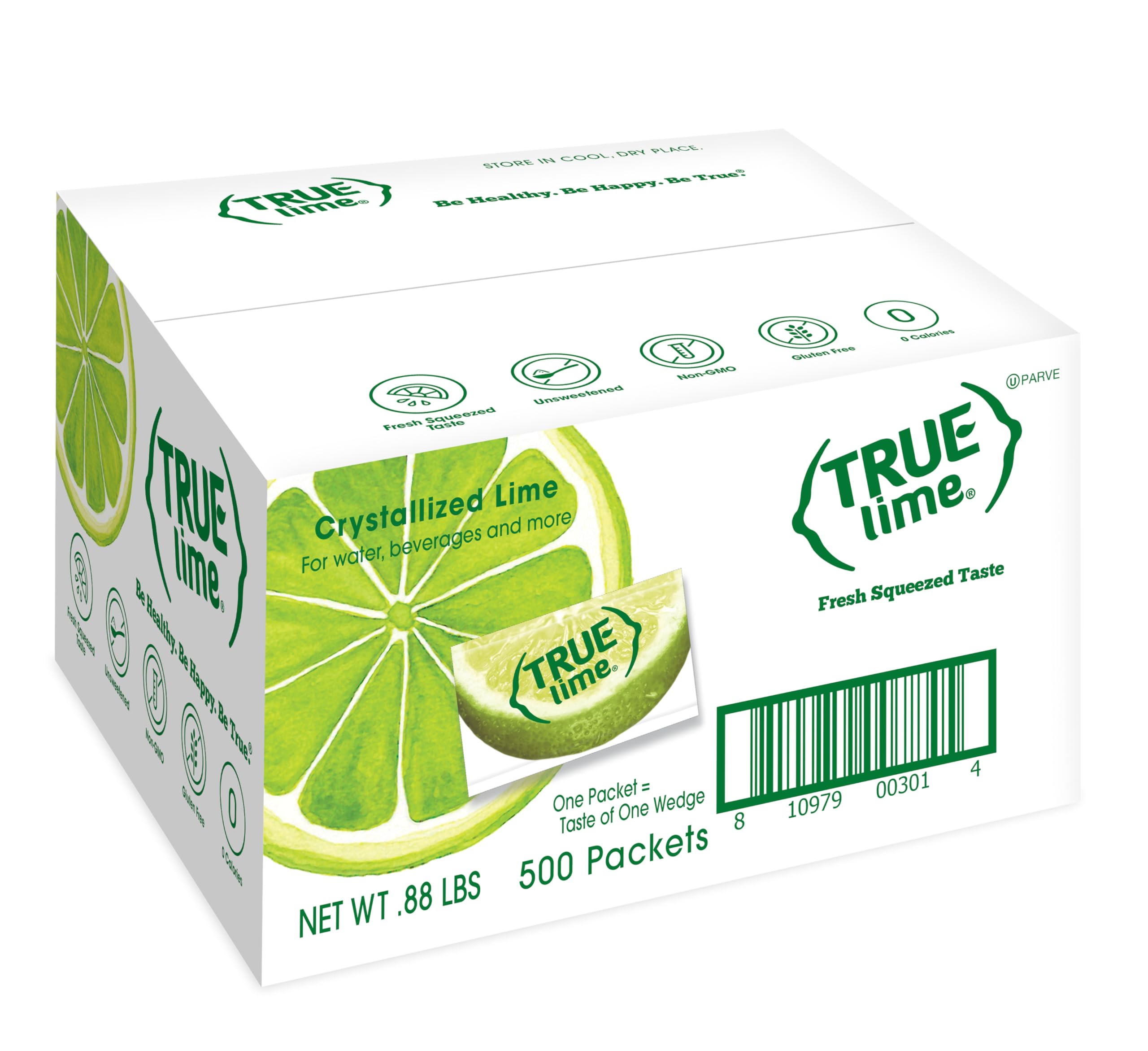 True Lime empaque frontal mostrando 500 sobres y beneficio de conveniencia