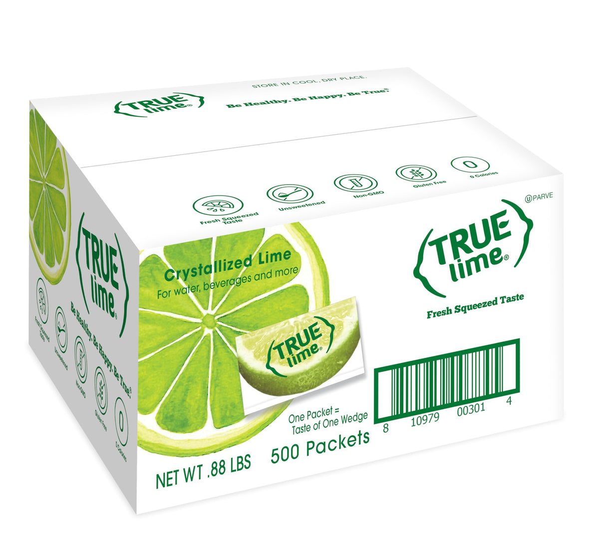 True Lime empaque frontal mostrando 500 sobres y beneficio de conveniencia