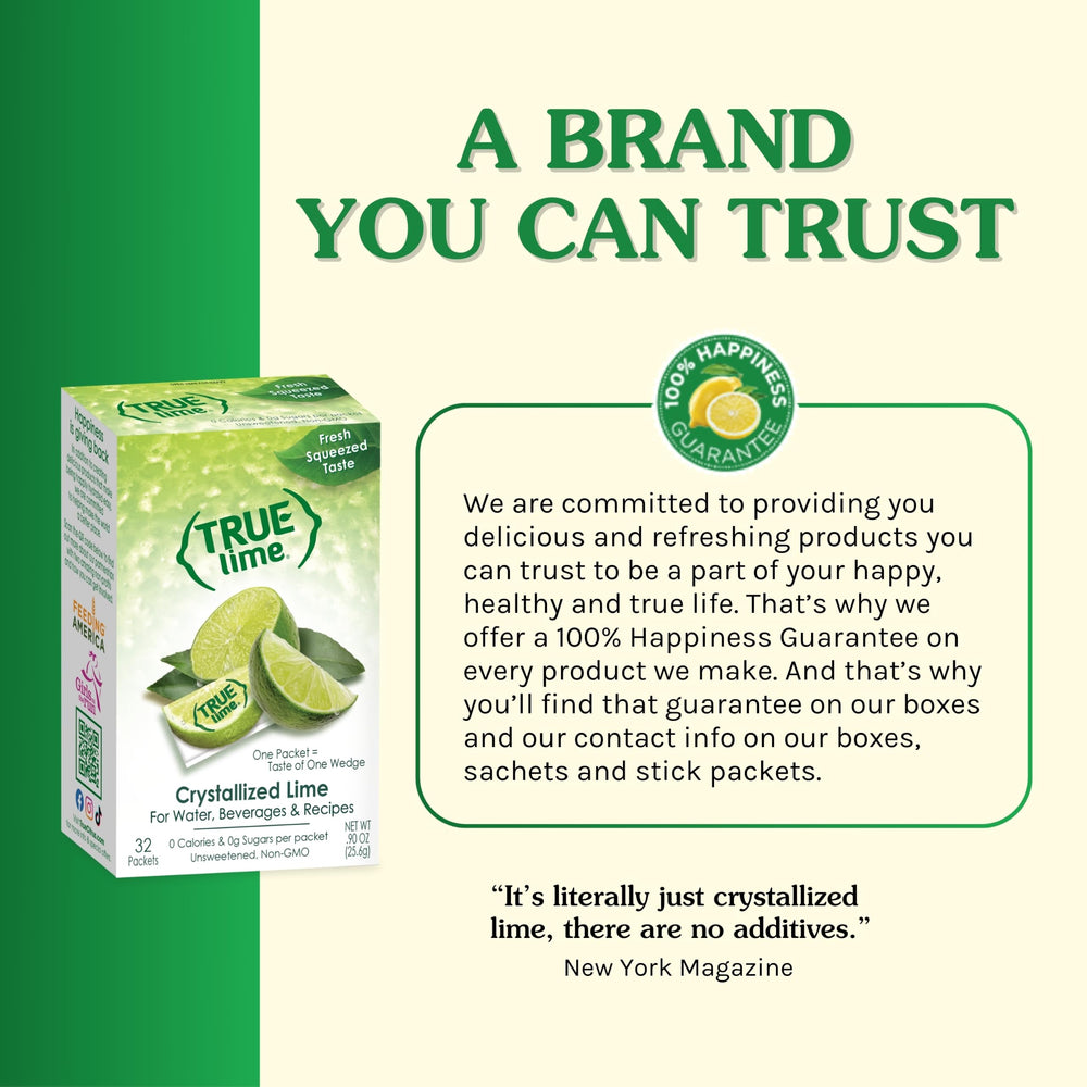 True Lime sobre en mano para demostrar el tamaño portátil y fácil uso
