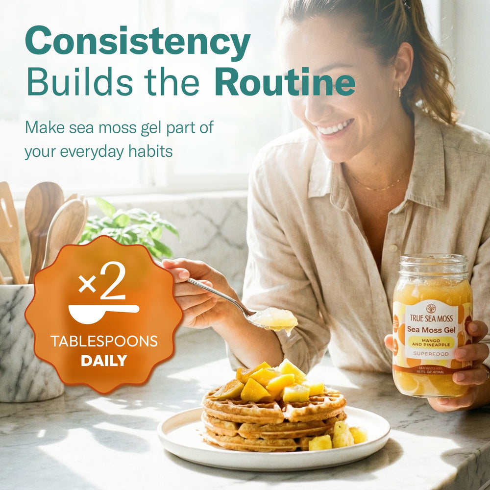 TrueSeaMoss tarro junto a mano para comparar tamaño y porciones prácticas