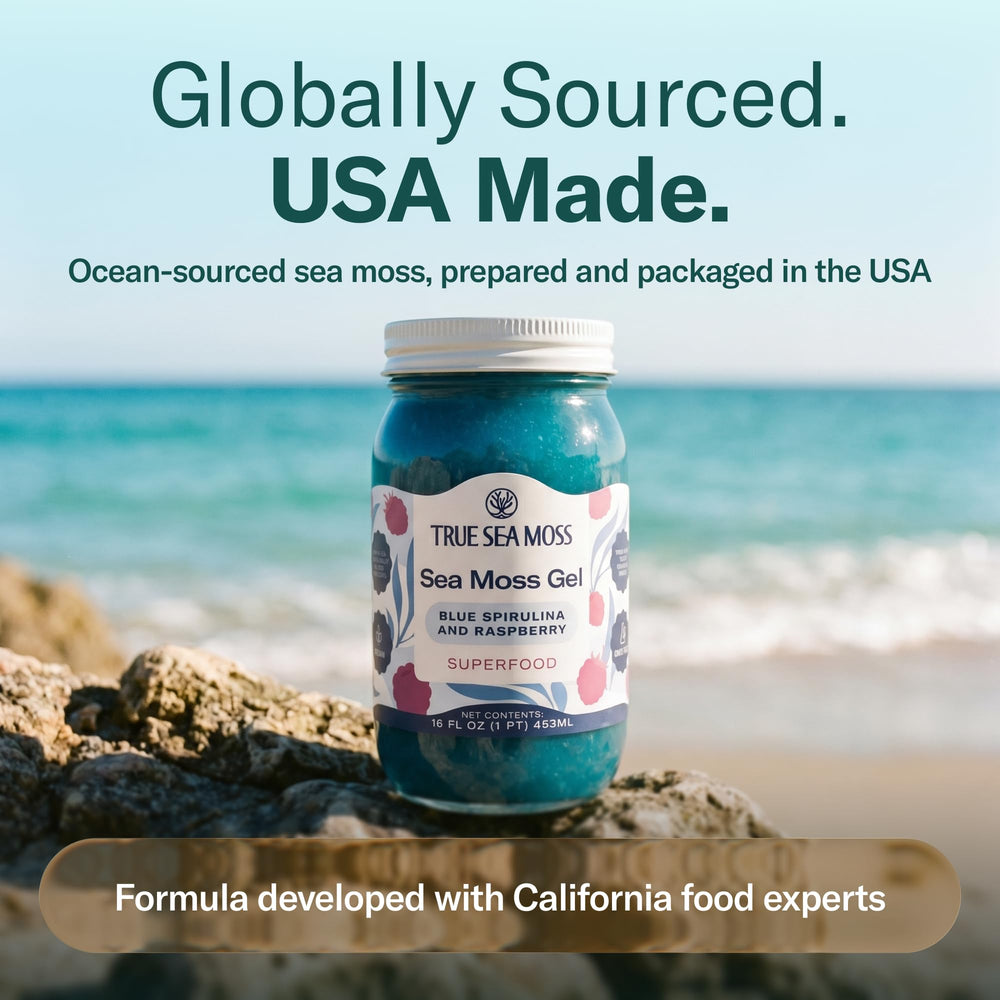 TrueSeaMoss etiqueta informativa indicando ingredientes y origen