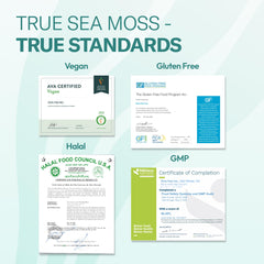 TrueSeaMoss etiqueta del producto con información de origen y fabricación segura