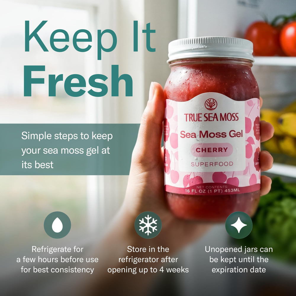 TrueSeaMoss frasco abierto en refrigerador, conserva frescura tras abrir