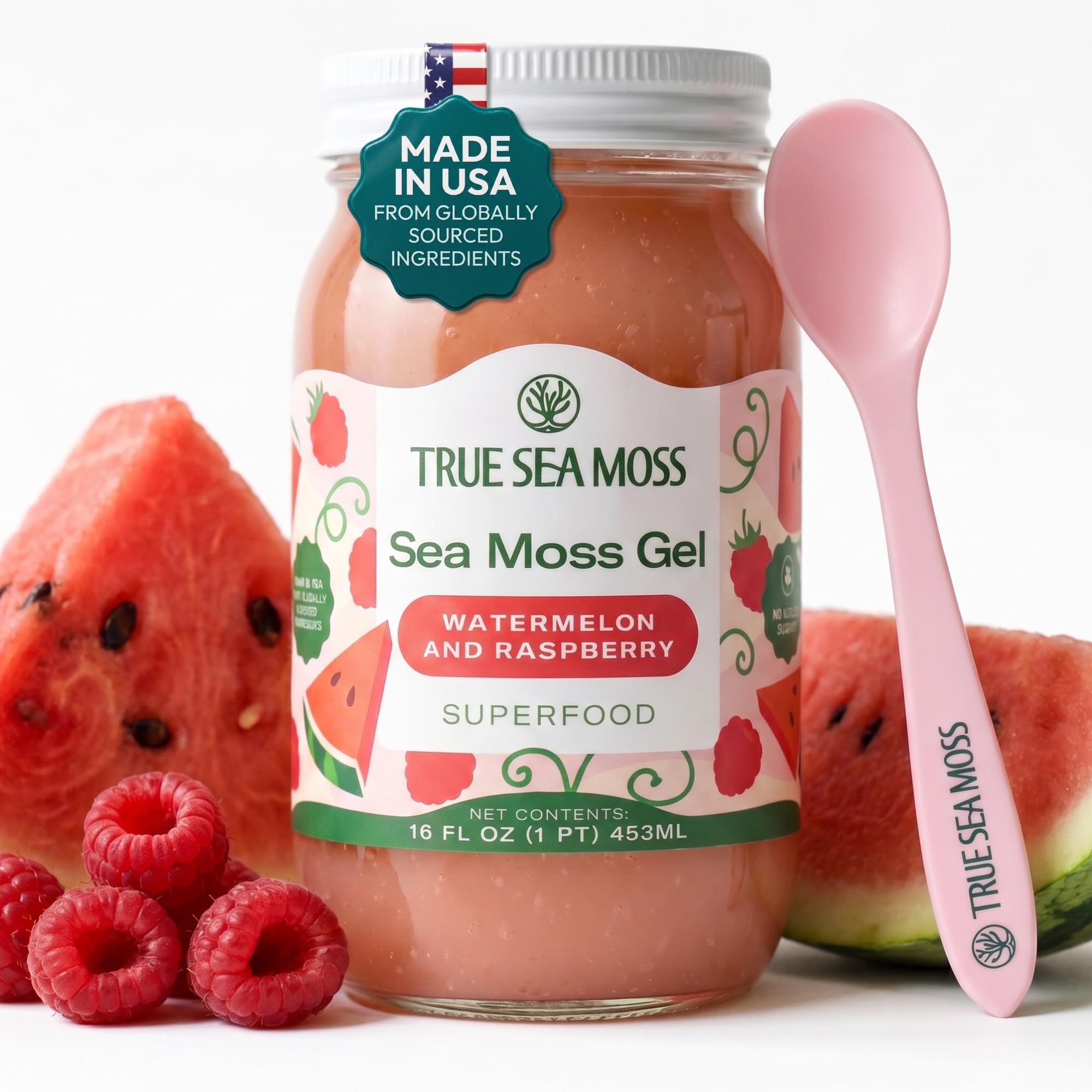 TrueSeaMoss frasco frontal mostrando gel de sandía y frambuesa, fácil de usar