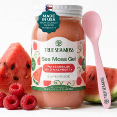 TrueSeaMoss frasco frontal mostrando gel de sandía y frambuesa, fácil de usar