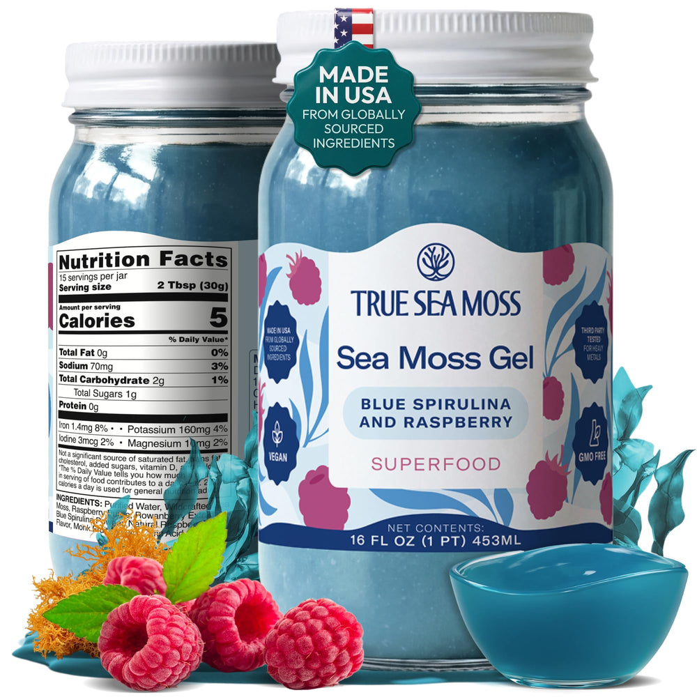 TrueSeaMoss frasco frontal mostrando gel y etiqueta clara