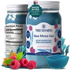 TrueSeaMoss frasco frontal mostrando gel y etiqueta clara
