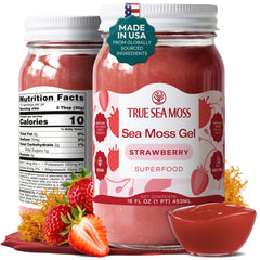 TrueSeaMoss frasco frontal de gel de fresa mostrando presentación clara y beneficios prácticos