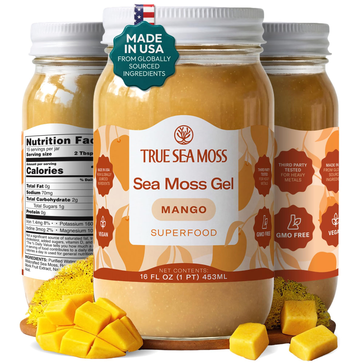 TrueSeaMoss frasco frente mostrando gel de mango y vidrio reutilizable