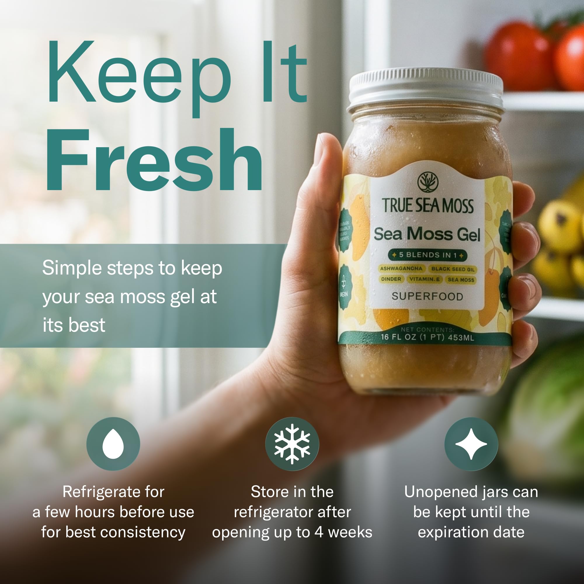 TrueSeaMoss jar abierto en mesa de desayuno, integración en rutina matinal