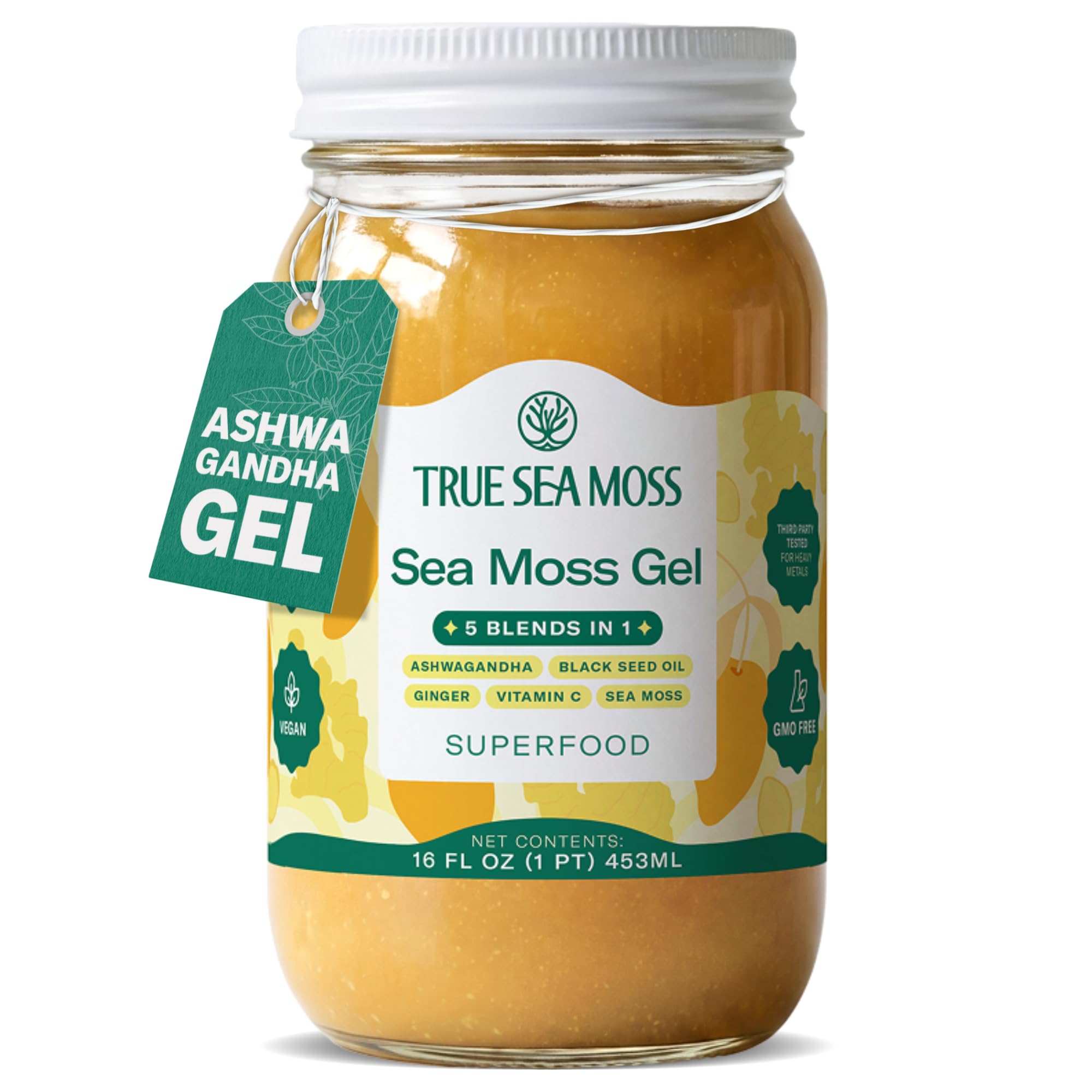 TrueSeaMoss tarro frontal mostrando gel y etiqueta, ideal para uso diario