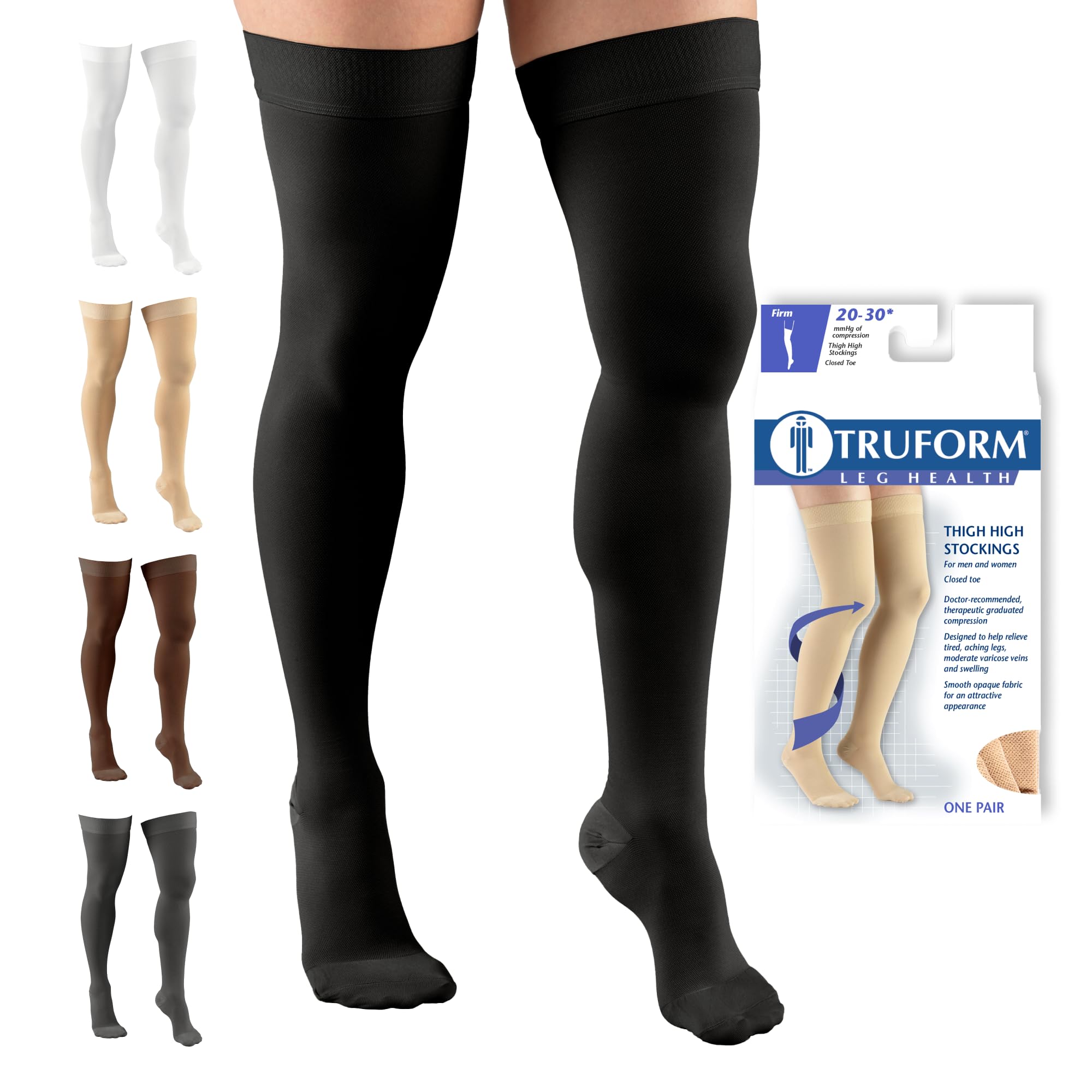 Truform empaque frontal mostrando medias compresivas y beneficios visibles