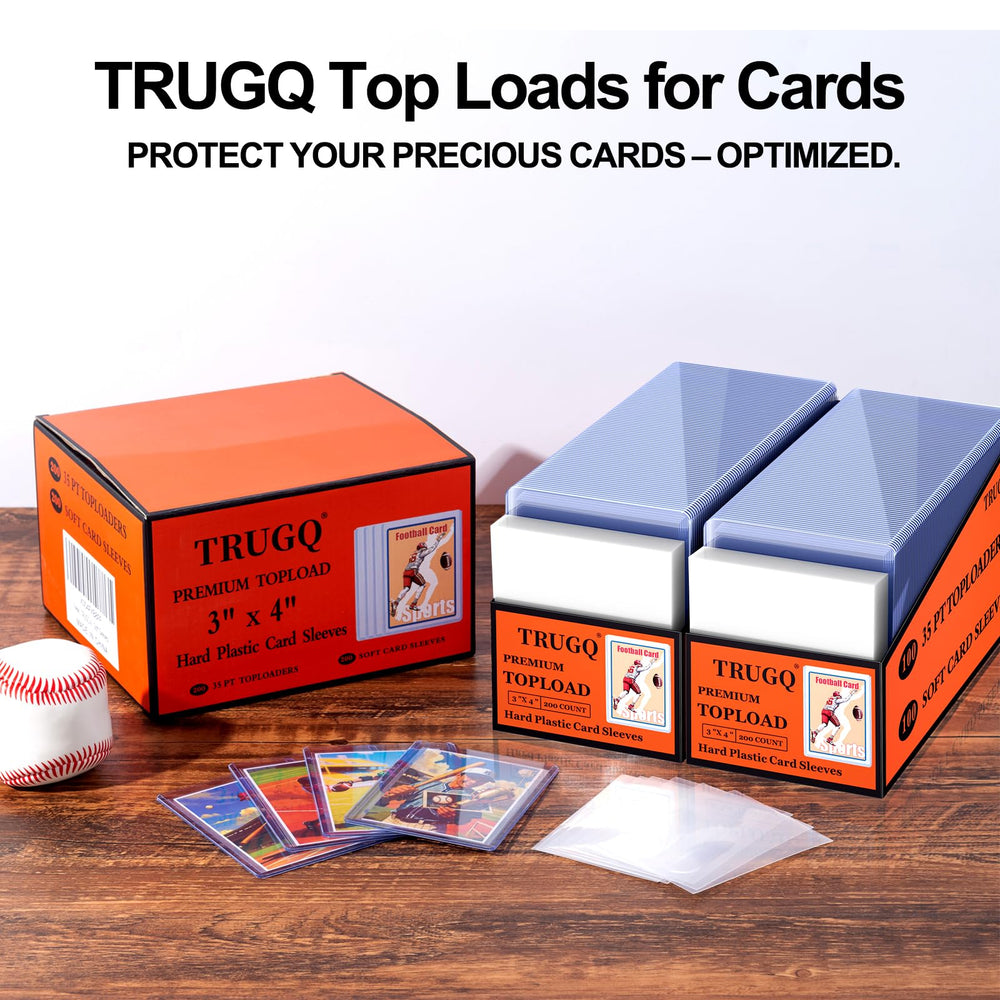 TRUGQ vitrina con cartas protegidas mostrando una exhibición ordenada