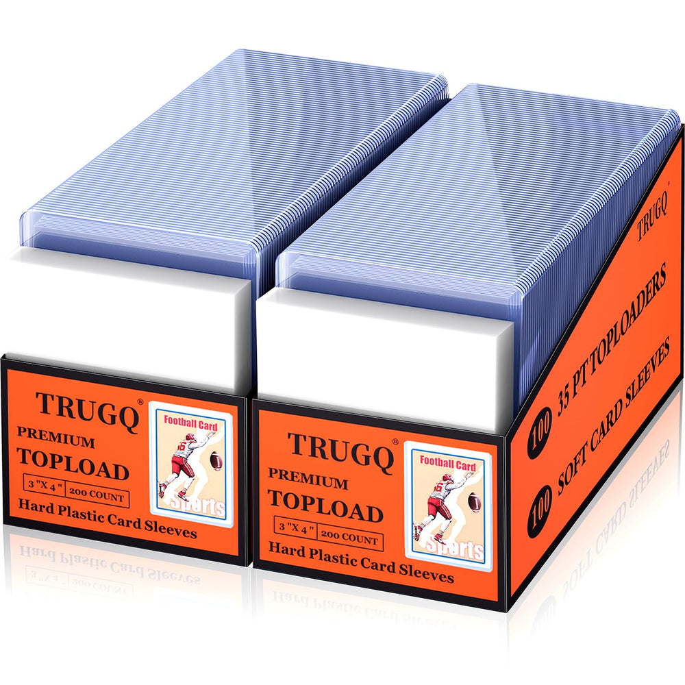 TRUGQ frente del pack con 200 top loaders y 200 fundas, ahorro y protección