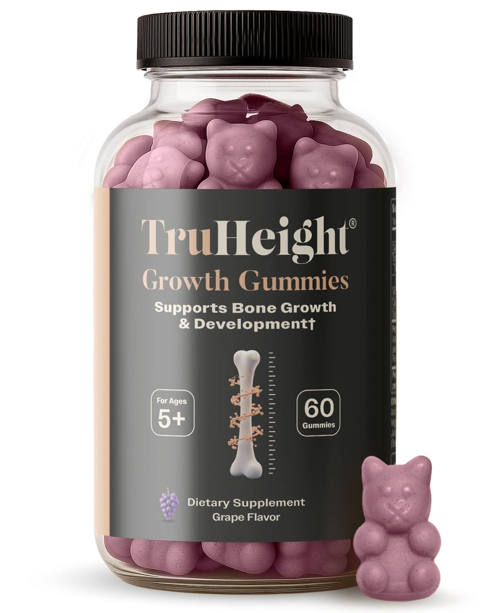 TruHeight empaque frontal mostrando gomitas de uva y beneficios clave