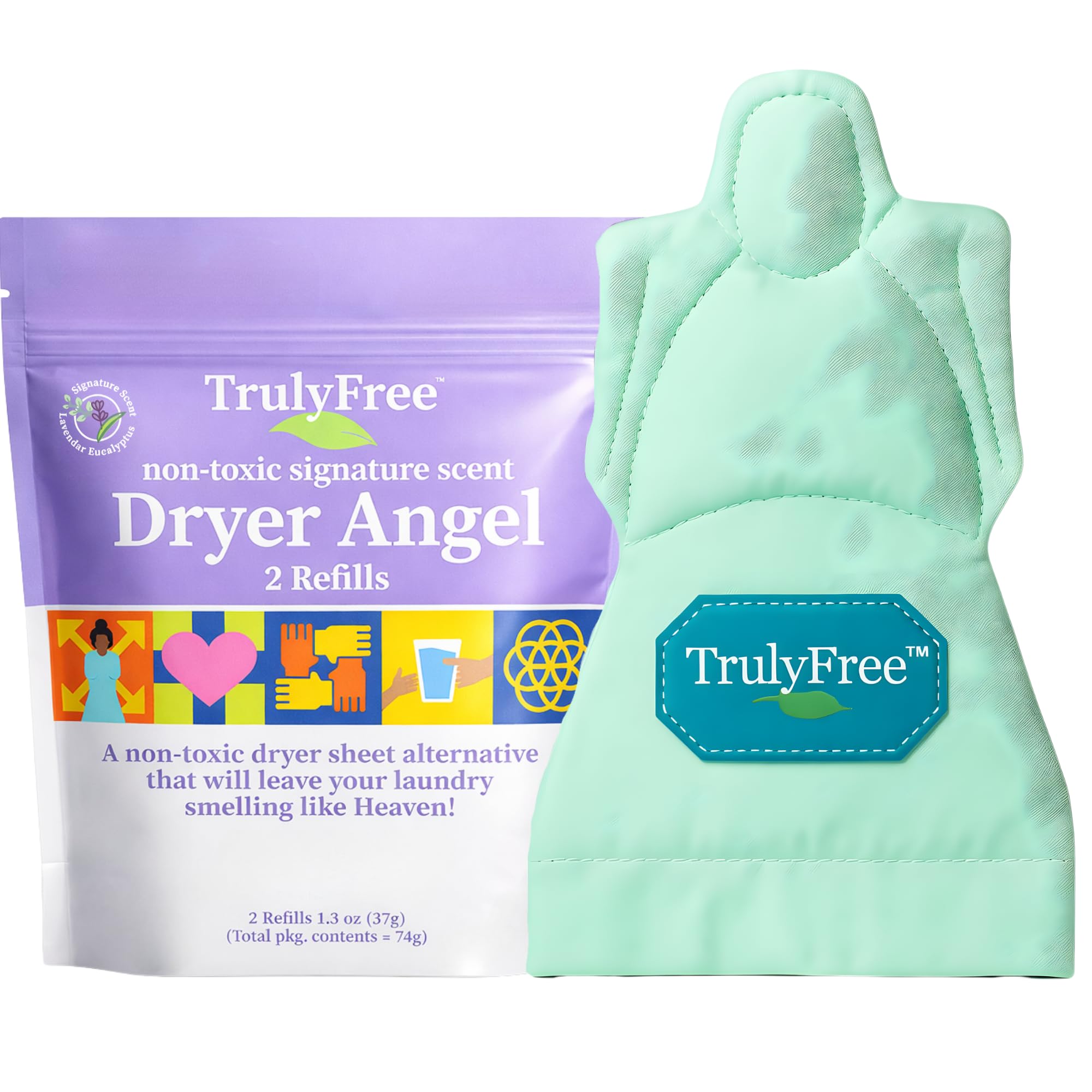 Truly Free mostrando el cuerpo en secadora para suavizar ropa y reducir residuos