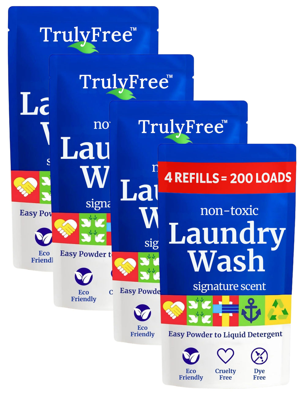 Truly Free frente del empaque mostrando las cuatro recargas y beneficio ecológico