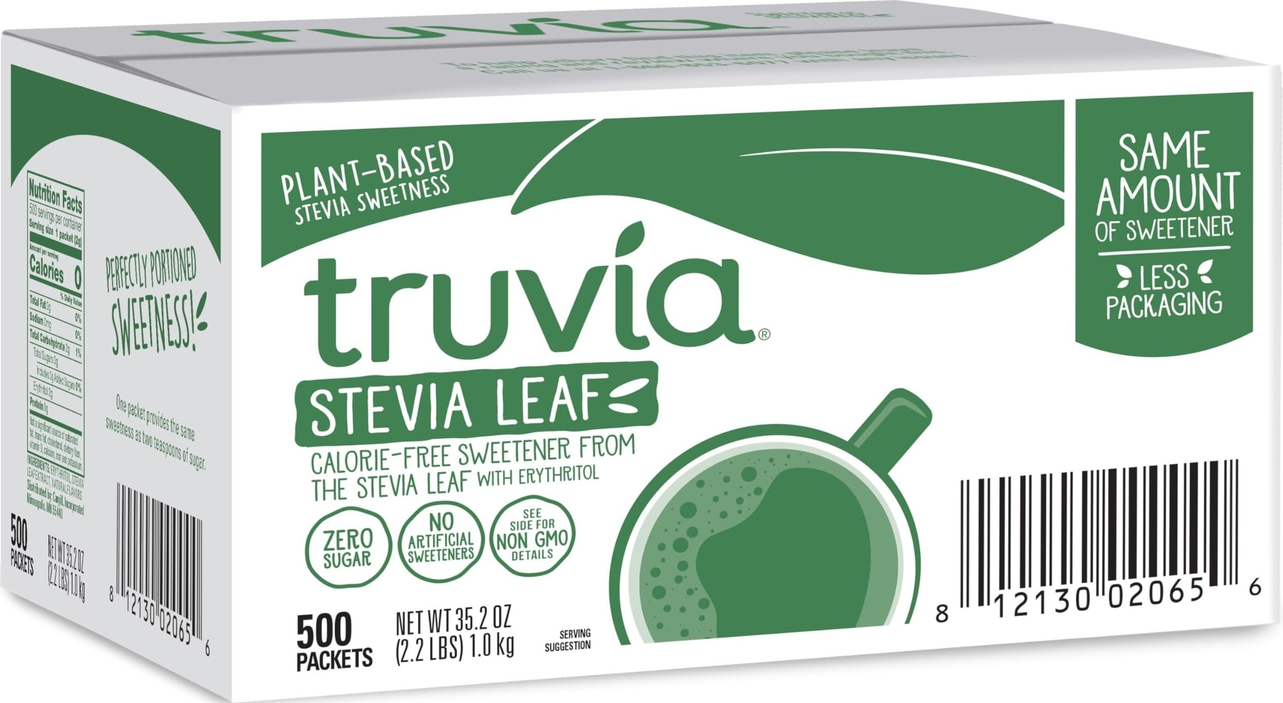 Truvia caja frontal mostrando 500 sobres y facilidad de uso
