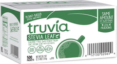 Truvia caja frontal mostrando 500 sobres y facilidad de uso