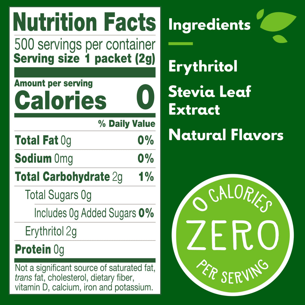 Truvia detalle de etiqueta con ingredientes y beneficios claros