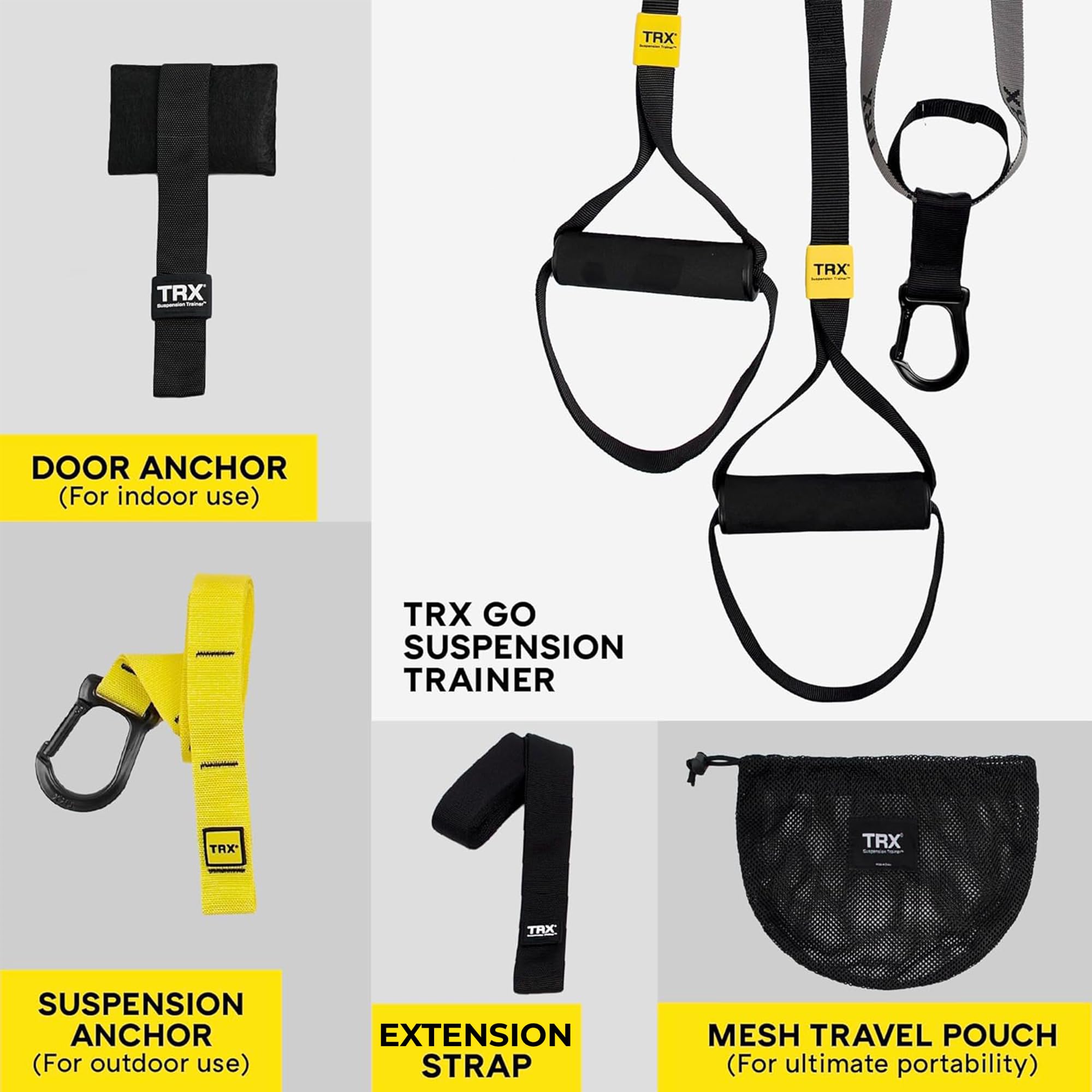 TRX GO used in living room with user performing squat for full-body training benefit