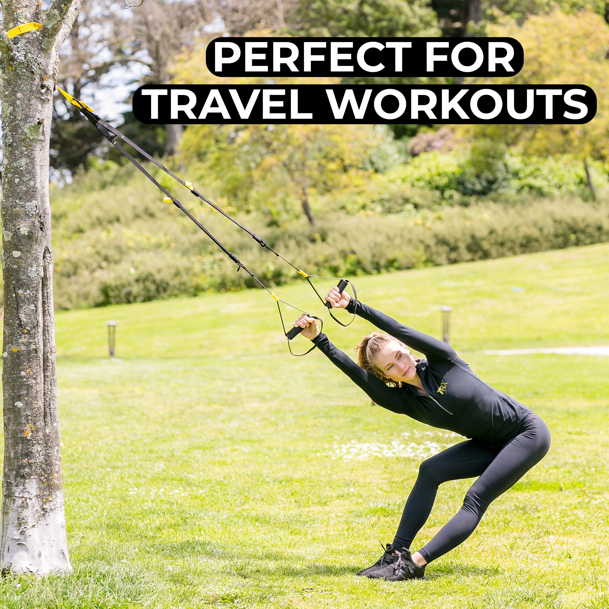 TRX GO beside water bottle illustrating compact size and easy transport benefit