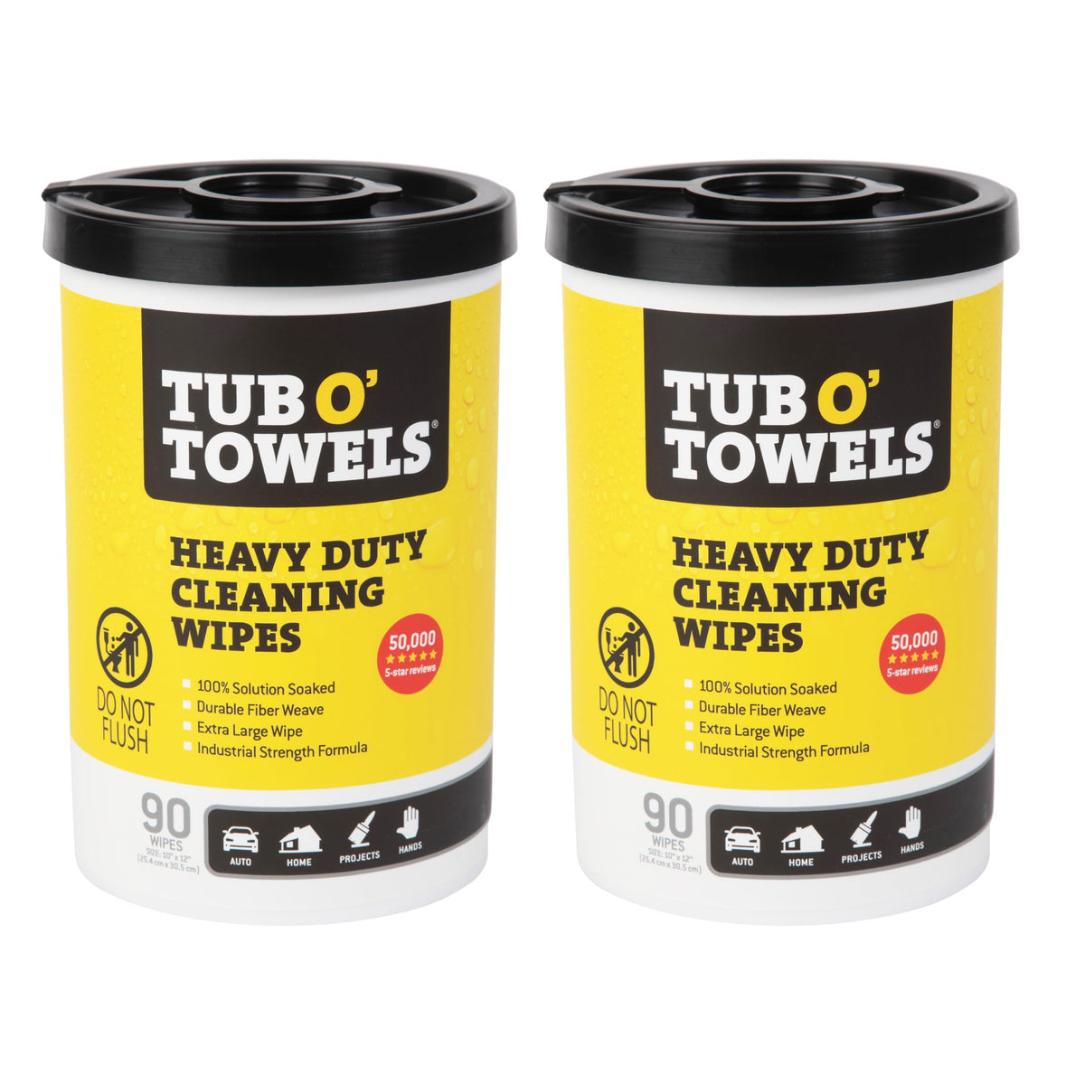 Tub O' Towels bote frontal mostrando etiqueta y cantidad, destaca durabilidad