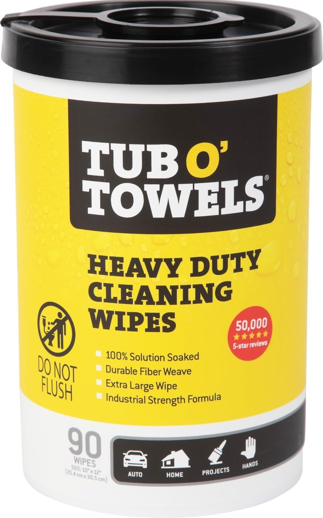 Tub O' Towels envase frontal mostrando diseño y cantidad 90