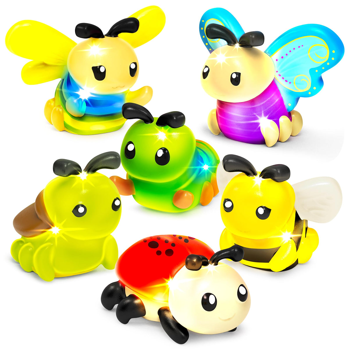 Tub Works Bugs frontal del empaque mostrando las seis figuras y beneficios luminosos