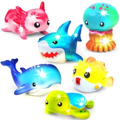 Tub Works pack frontal mostrando seis animales marinos iluminados y diversión segura