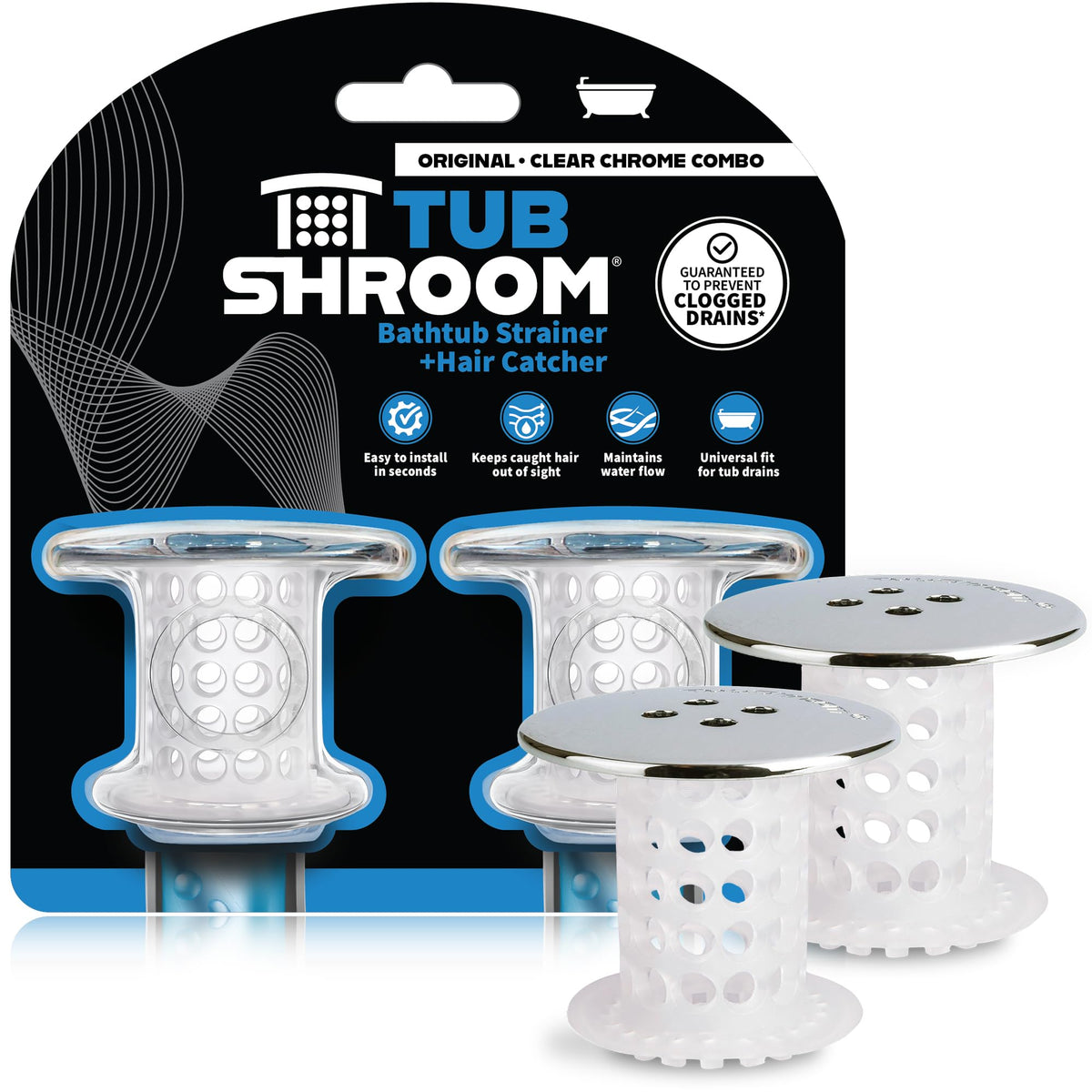 TubShroom frontal cromado mostrando ajuste al desagüe, protege contra obstrucciones