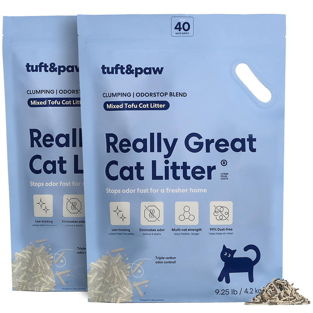 Tuft & Paw paquete frontal mostrando marca y beneficio de control de olores