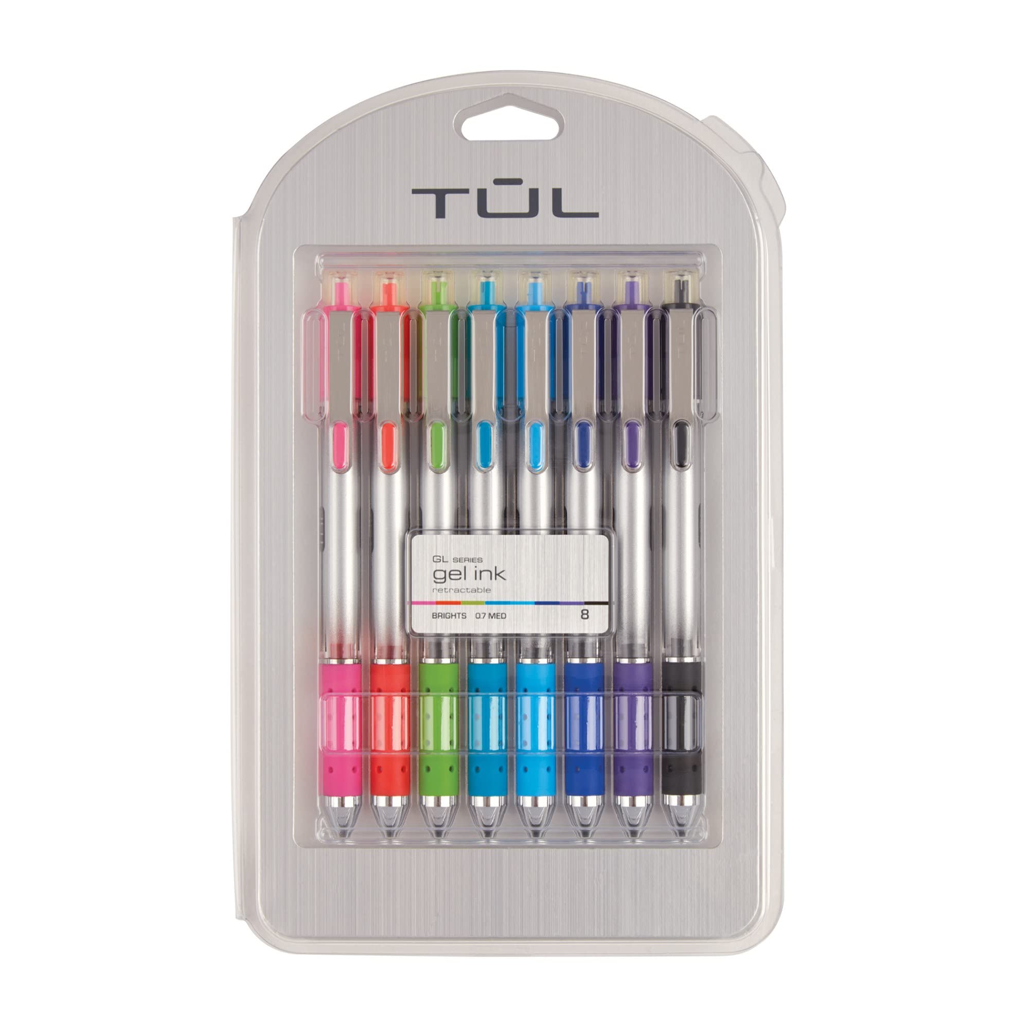 TUL paquete frontal gris mostrando 8 bolígrafos y colores vivos