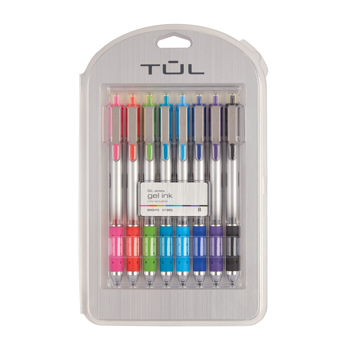 TUL paquete frontal gris mostrando 8 bolígrafos y colores vivos
