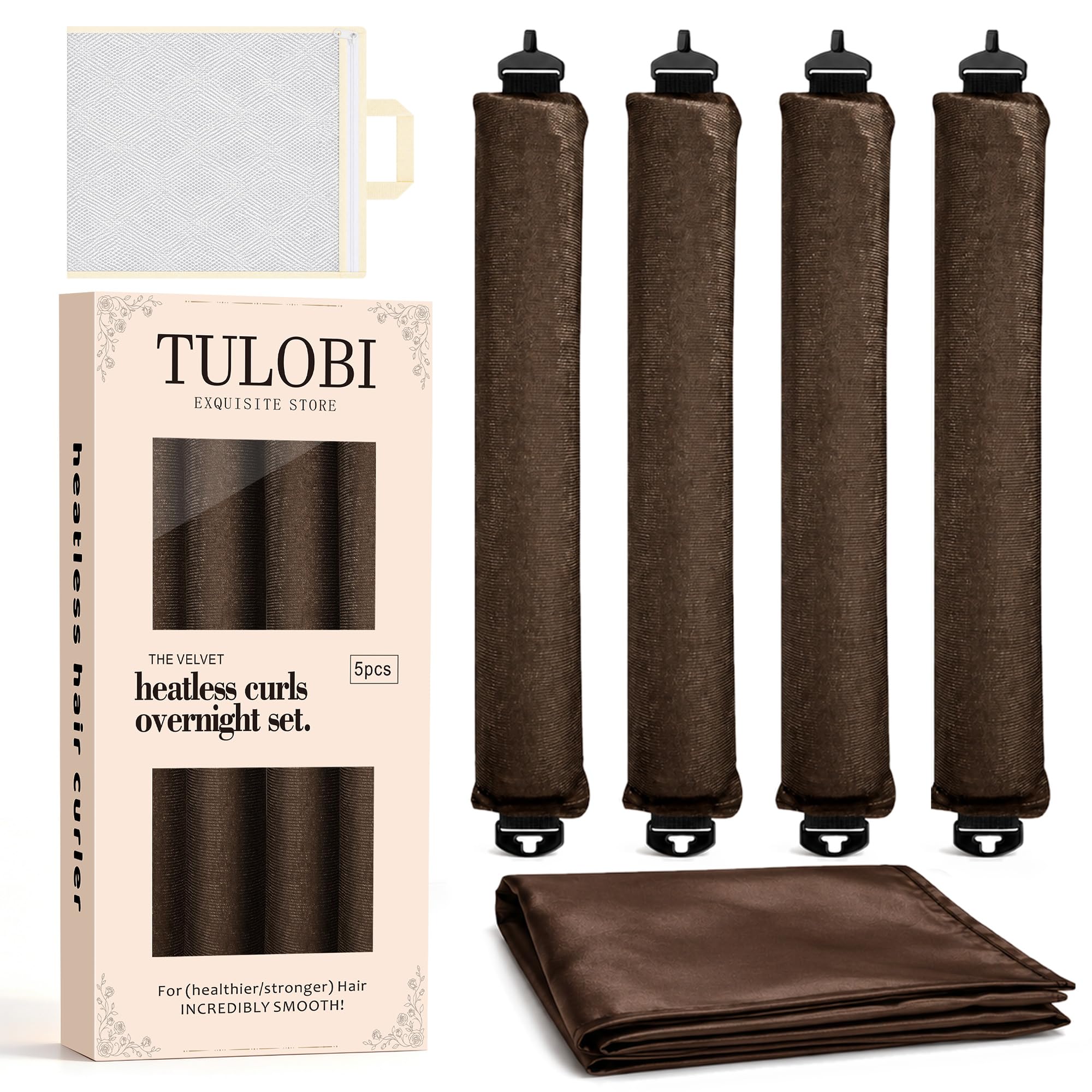 TULOBI empaque frontal del set mostrando rulos y accesorios para peinar sin calor
