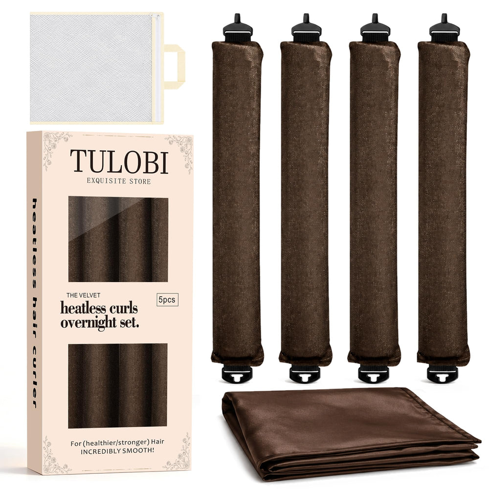 TULOBI empaque frontal del set mostrando rulos y accesorios para peinar sin calor