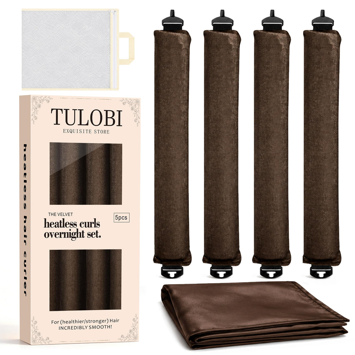 TULOBI empaque frontal del set mostrando rulos y accesorios para peinar sin calor