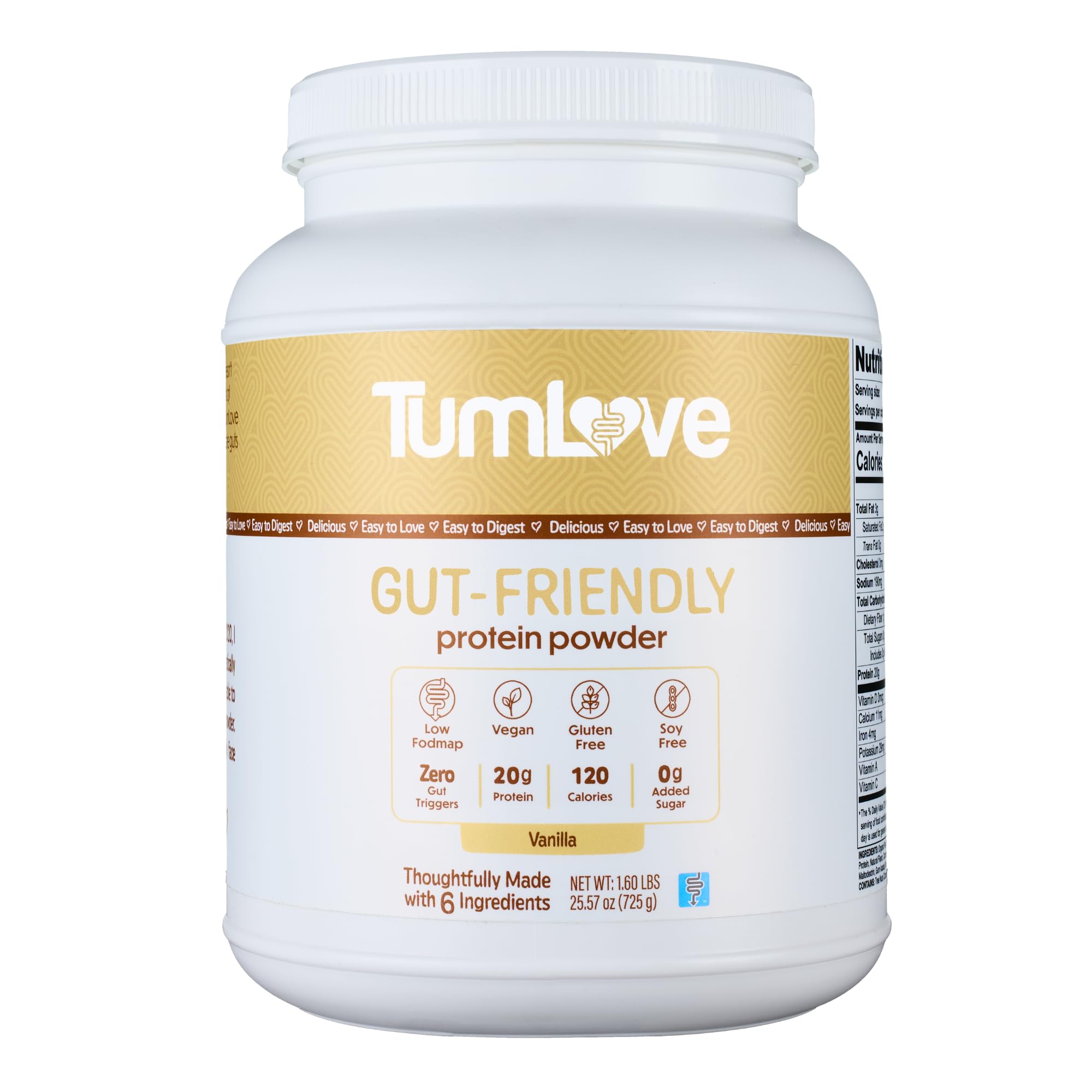 TumLove envase frontal vainilla mostrando certificación Low FODMAP y ventaja de tolerancia