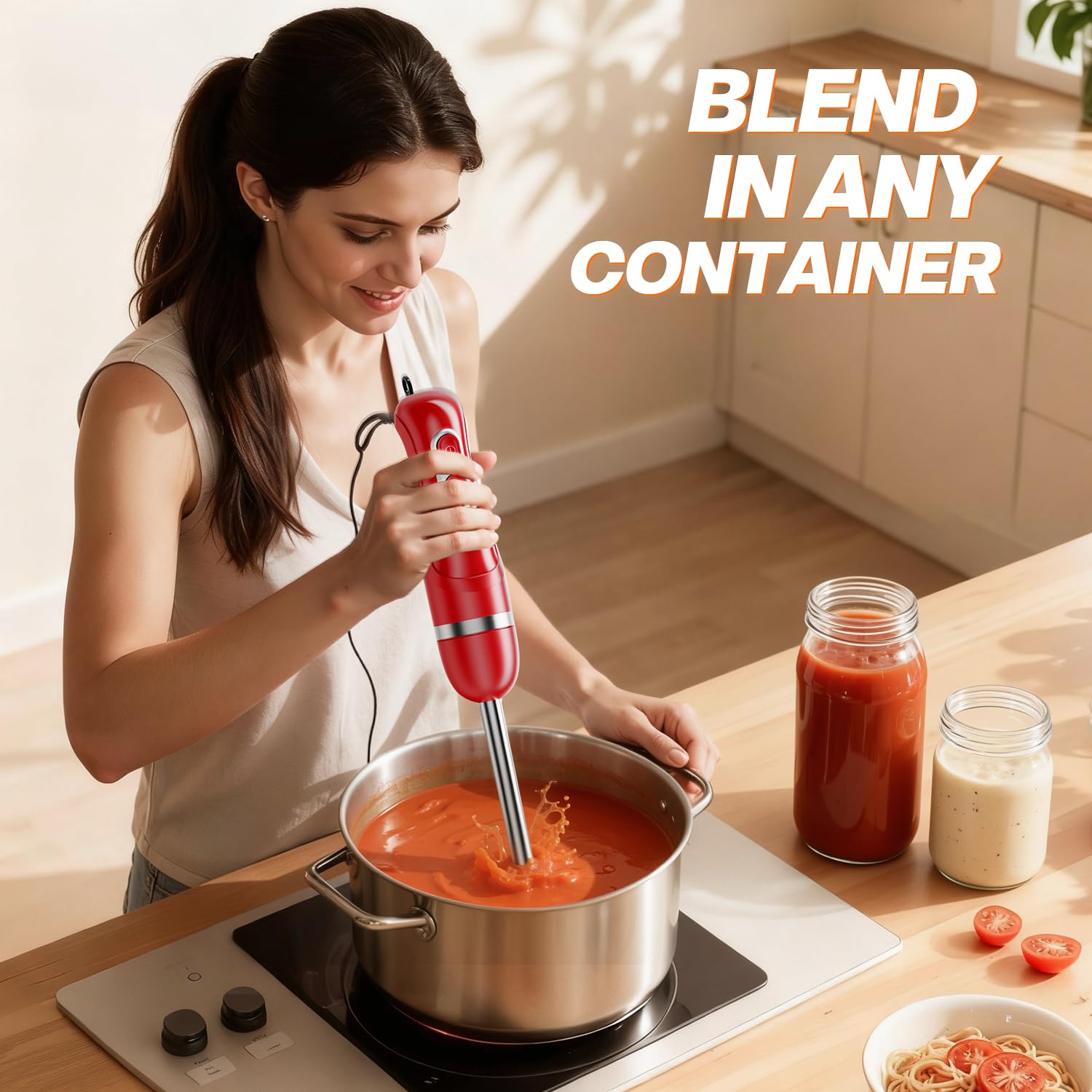 turelar batidora en encimera de cocina equipada para preparar sopas y batidos saludables