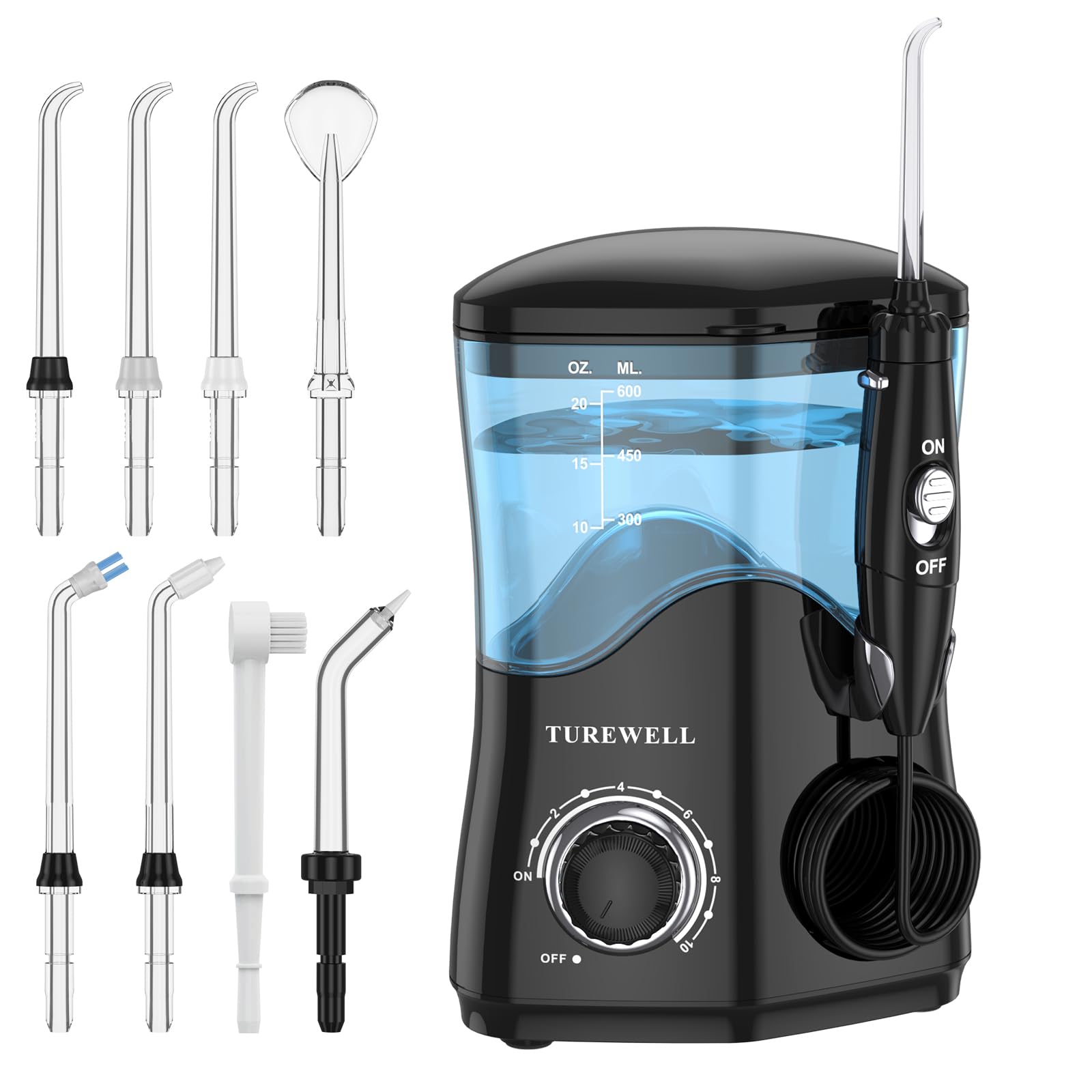 TUREWELL vista frontal del irrigador mostrando diseño compacto y beneficios familiares
