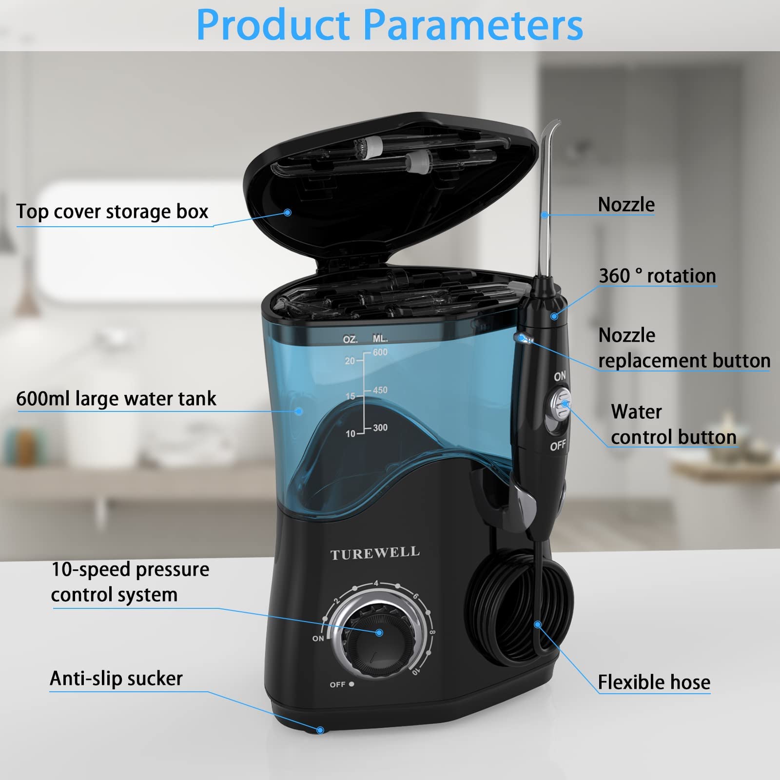 TUREWELL tanque de 600 ml abierto indicando capacidad para sesiones continuas